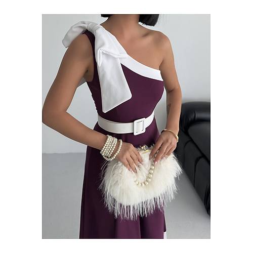 Tek Omuz Kemerli Kadn Midi Mor Abiye Elbise Fiyonk Detayl k Tasarm