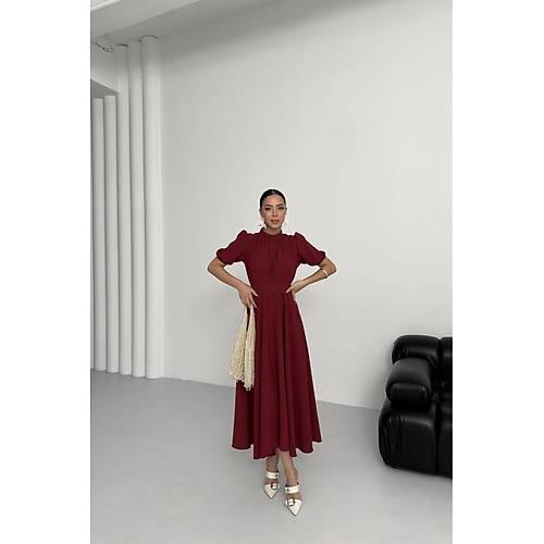 Nil Lacivert Klo� Etek K�sa Kol Midi Boy Saten Abiye Elbise Lacivert
