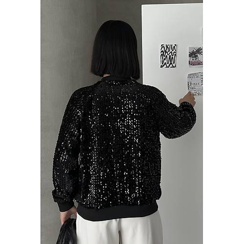 Payetli Bomber Ceket Siyah
