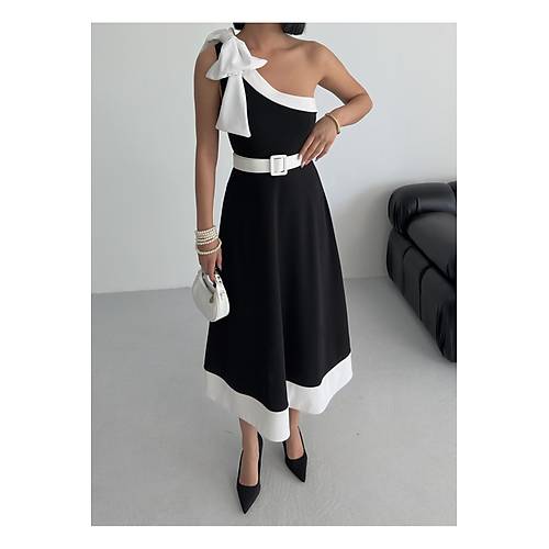 Tek Omuz Kemerli Kadn Midi Mor Abiye Elbise Fiyonk Detayl k Tasarm