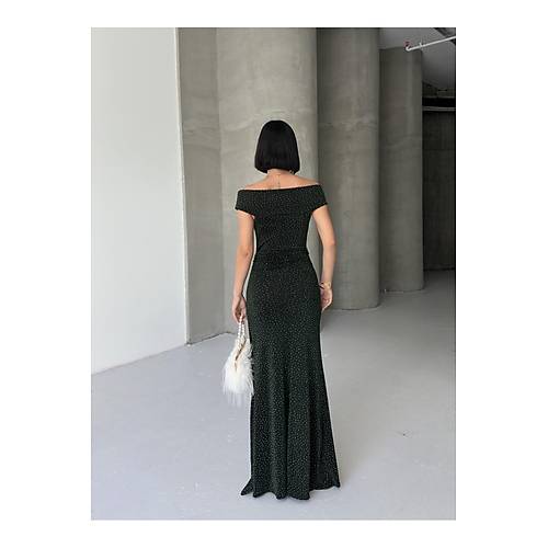 Dk Omuz Drapeli Simli Abiye Elbise