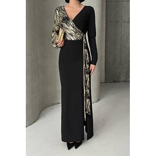 Siyah Gold Desenli Kruvaze Uzun Abiye Elbise