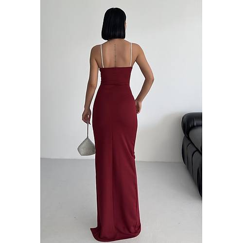 Scuba Kuma Ask Ta Detay Ince Askl Yrtmal Abiye Elbise Bordo