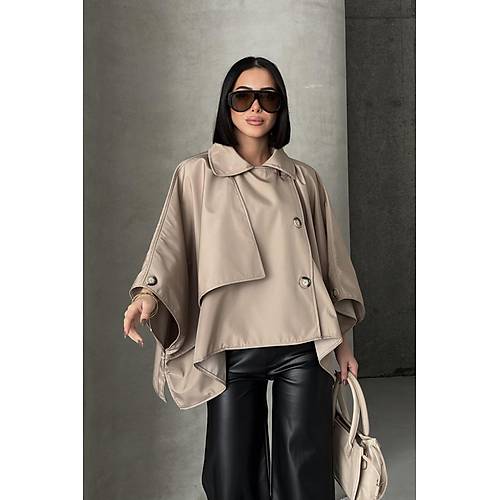 Siyah Yarasa Kol Detay Yakal Dmeli Rahat Kalp Oversize Midi Boy Trenkot