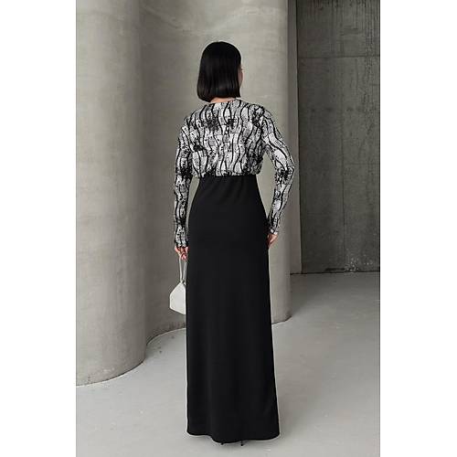 Siyah Gold Desenli Uzun Kollu k Maxi Abiye Elbise