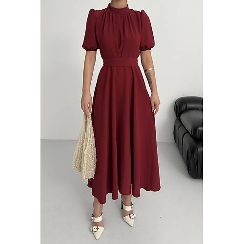 Nil Lacivert Klo Etek Ksa Kol Midi Boy Saten Abiye Elbise Lacivert