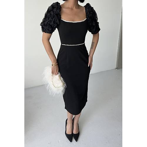 zel Tasarm nci Detayl Balon Kol Abiye Siyah Elbise