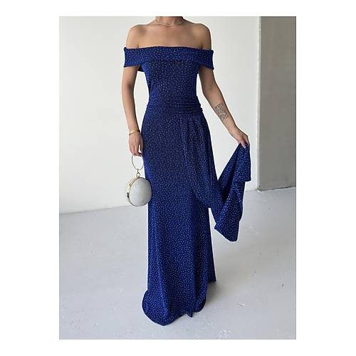 Dk Omuz Drapeli Simli Abiye Elbise