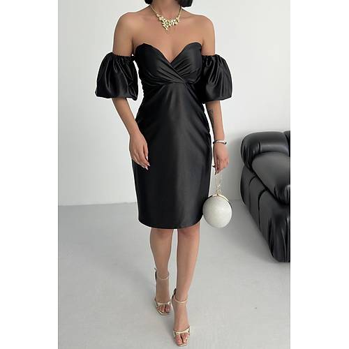 Laura Balon Kol Saten Abiye Siyah Elbise