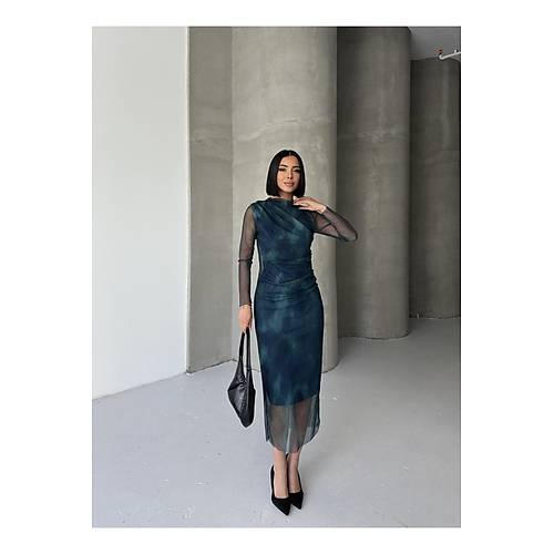 Kadn Hakim Yaka Transparan Tl Kollu Astarl Drapeli Midi Abiye Puantiyeli Elbise