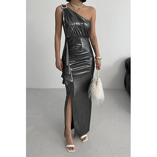 Kadn Omuz Aksesuarl Volanl yrtma parlak kuma Abiye Mezuniyet Nikah Lacivert Elbise