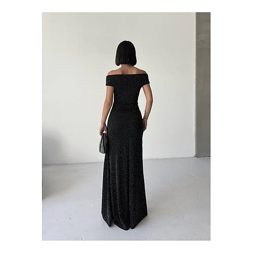 Dk Omuz Drapeli Simli Abiye Elbise