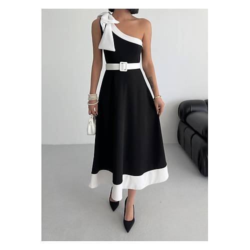 Tek Omuz Kemerli Kadn Midi Mor Abiye Elbise Fiyonk Detayl k Tasarm