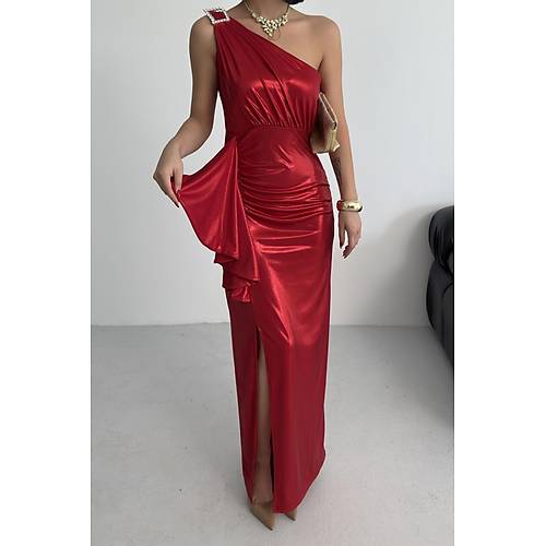 Kadn Omuz Aksesuarl Volanl yrtma parlak kuma Abiye Mezuniyet Nikah Lacivert Elbise