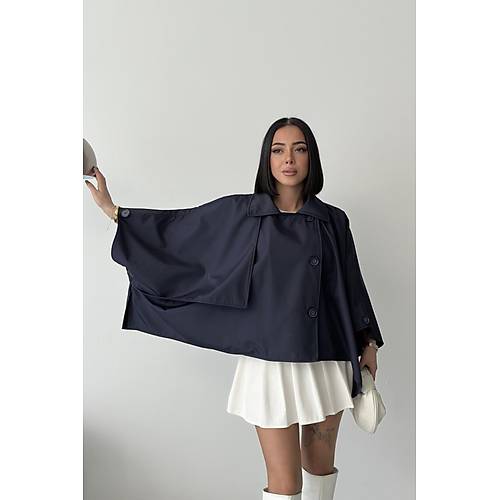 Siyah Yarasa Kol Detay Yakal Dmeli Rahat Kalp Oversize Midi Boy Trenkot