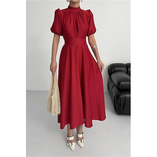 Nil Lacivert Klo Etek Ksa Kol Midi Boy Saten Abiye Elbise Lacivert