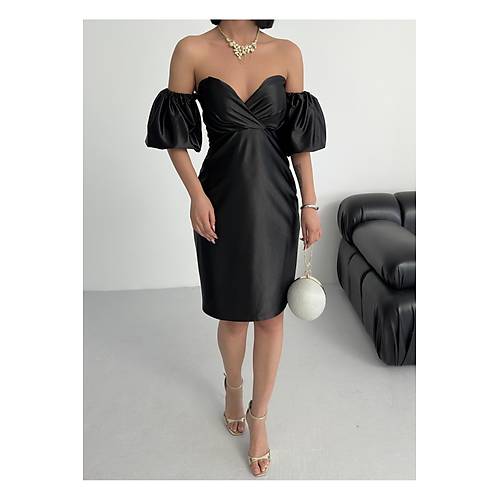 Bandeau Balon Kol Bodycon Mini Abiye Elbise