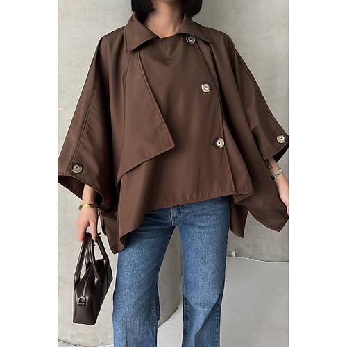 Siyah Yarasa Kol Detay Yakal Dmeli Rahat Kalp Oversize Midi Boy Trenkot