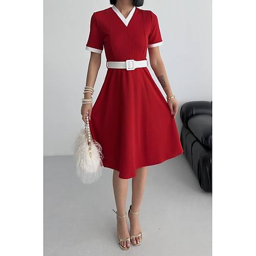 V Yaka ift Renk Midi Kemerli Krmz Elbise