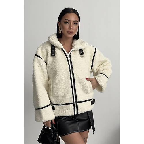 Viral Teddy Pelu� Bej Biker Ceket