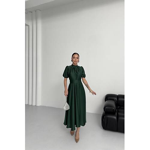 Nil Lacivert Klo Etek Ksa Kol Midi Boy Saten Abiye Elbise Lacivert