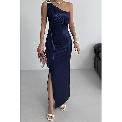 Kadn Omuz Aksesuarl Volanl yrtma parlak kuma Abiye Mezuniyet Nikah Lacivert Elbise