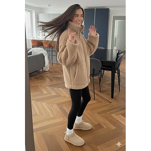 Bej Dik Yakal� Cepli Kad�n Pelu� Mont