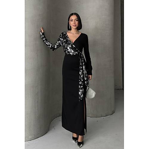 Siyah Gold Desenli Kruvaze Uzun Abiye Elbise