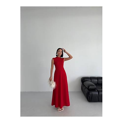 Bisiklet Yaka Yrtmal Krmz Maxi Elbise