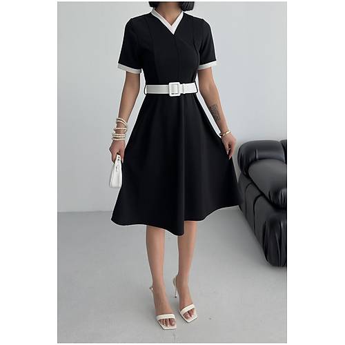 V Yaka ift Renk Midi Kemerli Krmz Elbise