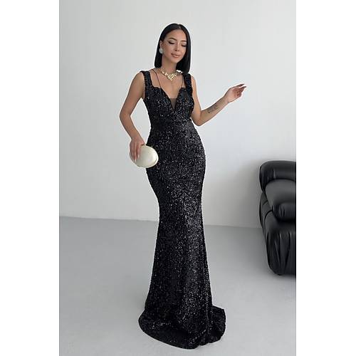 Trend Band Kol Kadife Balk Elbise Siyah