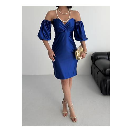 Bandeau Balon Kol Bodycon Mini Abiye Elbise