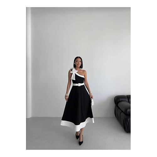 Tek Omuz Kemerli Kadn Midi Mor Abiye Elbise Fiyonk Detayl k Tasarm