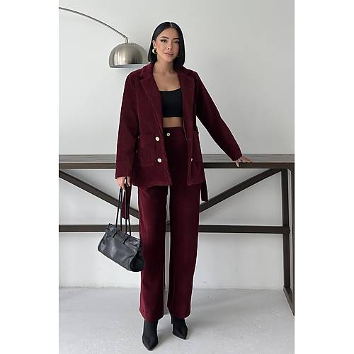 Bordo Fitilli Kadife Ceket Pantolon Tak�m