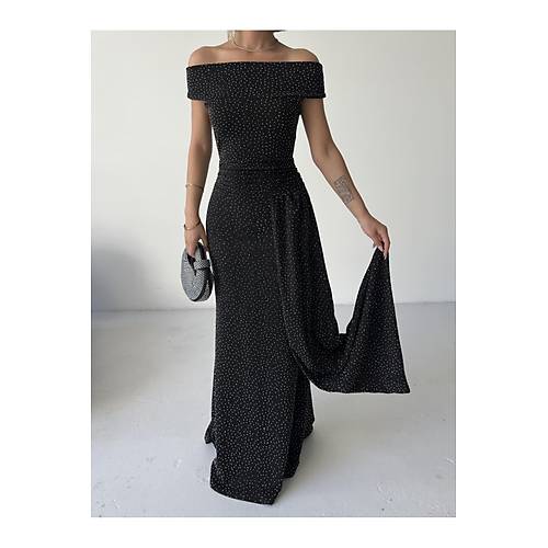 Dk Omuz Drapeli Simli Abiye Elbise