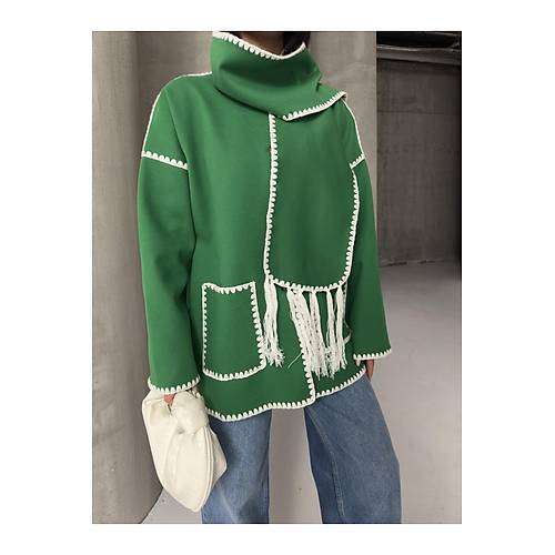 Nak Detayl Atkl Yumuak Triko Hrka Ceket Siyah