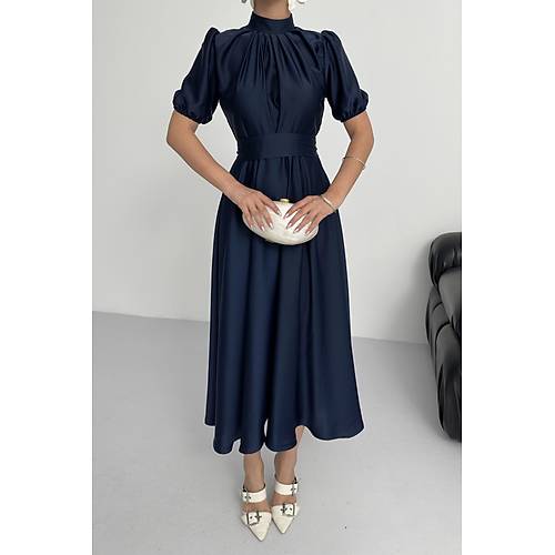 Nil Lacivert Klo Etek Ksa Kol Midi Boy Saten Abiye Elbise Lacivert