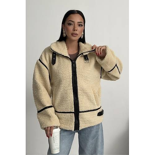 Viral Teddy Pelu� Bej Biker Ceket