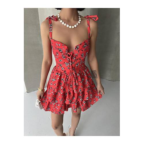Ask�l� Elbise Ete�i Volanl� Elbise G���s Destekli K�rm�z� Mini Elbise �i�ekli Elbise Desenli Elbise
