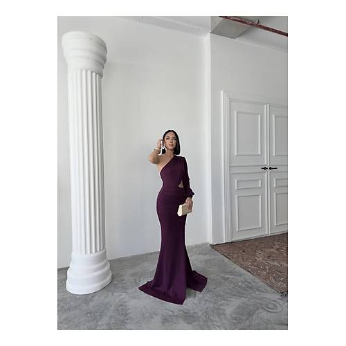 Tek Kol Derin Yrtmal Krep Gece Elbisesi Zmrt Yeil Abiye