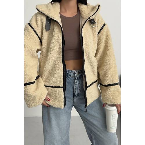 Viral Teddy Pelu� Bej Biker Ceket