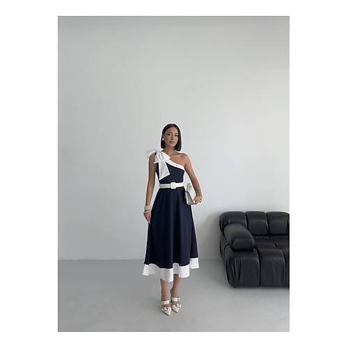 Tek Omuz Kemerli Kadn Midi Mor Abiye Elbise Fiyonk Detayl k Tasarm