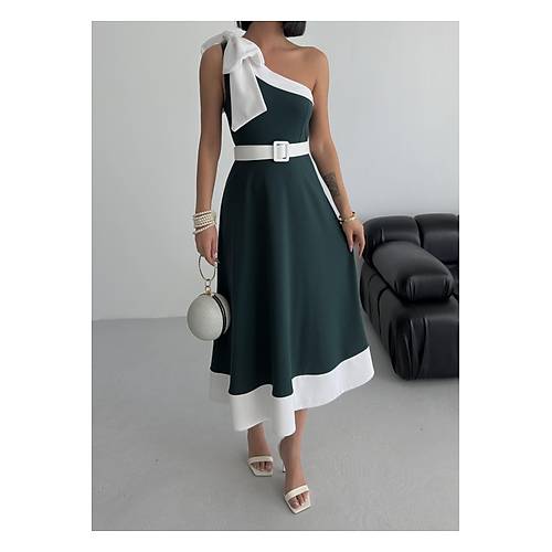 Tek Omuz Kemerli Kadn Midi Mor Abiye Elbise Fiyonk Detayl k Tasarm