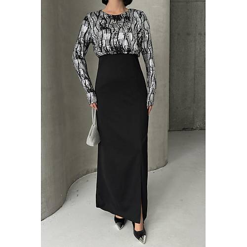 Siyah Gold Desenli Uzun Kollu k Maxi Abiye Elbise