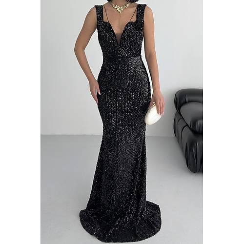 Trend Band Kol Kadife Balk Elbise Siyah