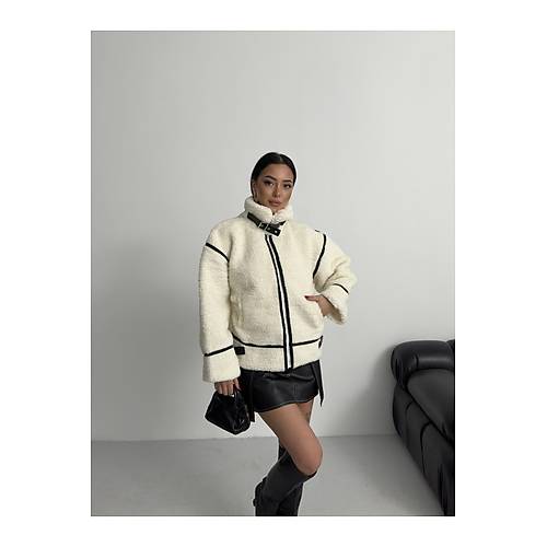 Viral Teddy Pelu� Bej Biker Ceket