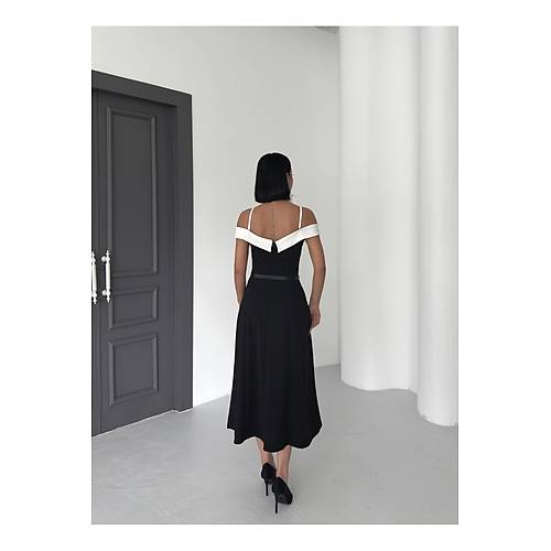 �ift Renk Midi Kemerli Beyaz Elbise