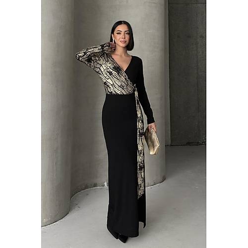 Siyah Gold Desenli Kruvaze Uzun Abiye Elbise