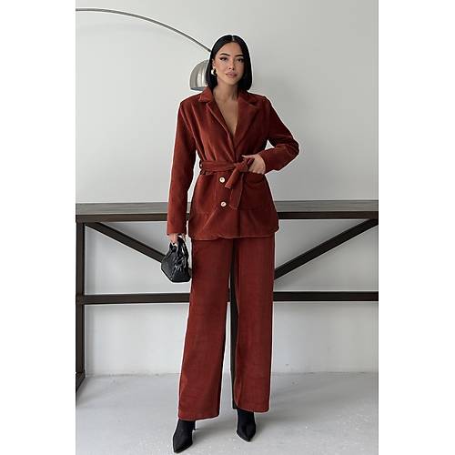 Bordo Fitilli Kadife Ceket Pantolon Tak�m