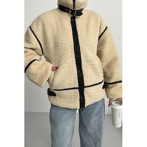 Viral Teddy Pelu� Bej Biker Ceket